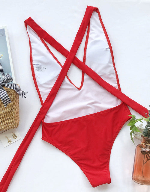 Load image into Gallery viewer, Halter Neck Deep V Tied One-Piece Swimsuit
