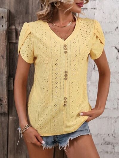 Load image into Gallery viewer, Eyelet V-Neck Petal Sleeve T-Shirt
