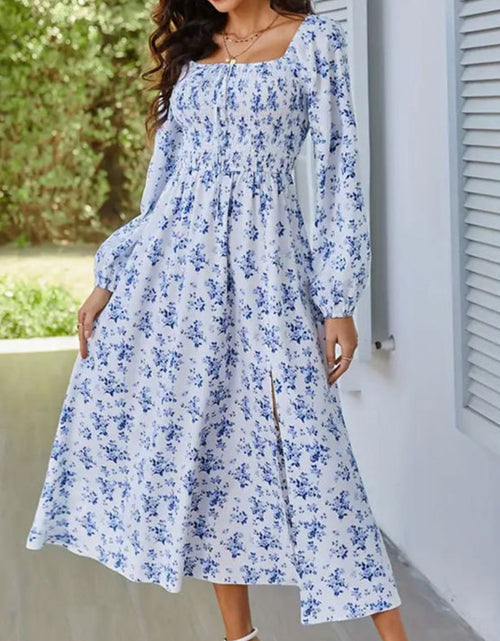 Load image into Gallery viewer, Slit Smocked Floral Square Neck Balloon Sleeve Midi Dress
