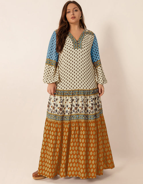 Load image into Gallery viewer, Plus Size Printed V-Neck Balloon Sleeve Maxi Dress
