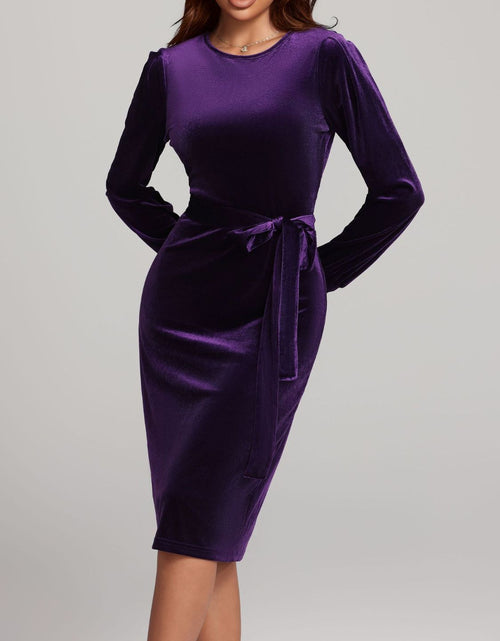 Load image into Gallery viewer, Round Neck Tie Waist Long Sleeve Velvet Dress
