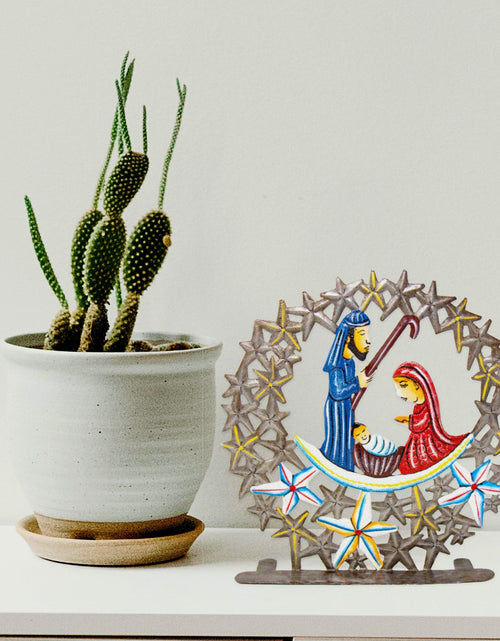 Load image into Gallery viewer, Tabletop Nativity Encased in Stars, Haitian Metal Drum Art by Global Crafts Wholesale

