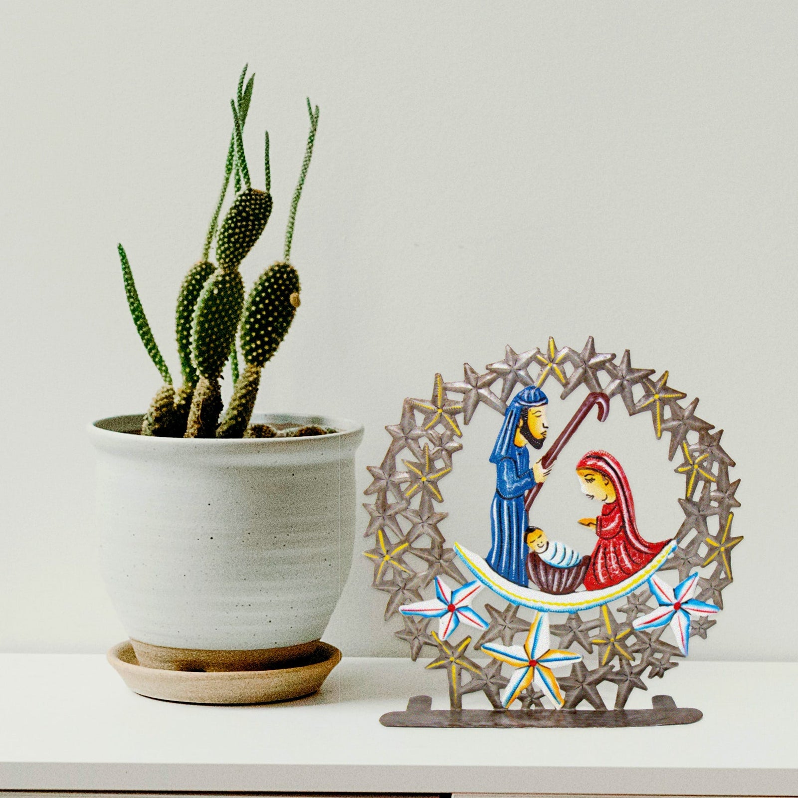 Tabletop Nativity Encased in Stars, Haitian Metal Drum Art by Global Crafts Wholesale