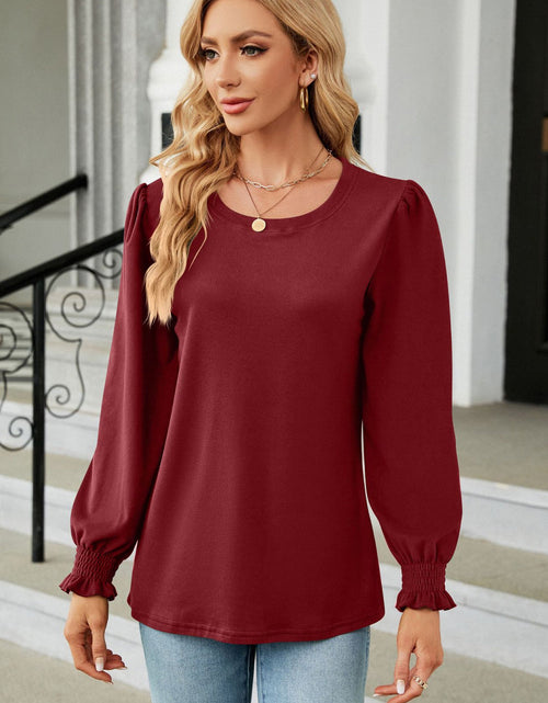 Load image into Gallery viewer, Round Neck Smocked Flounce Sleeve Blouse
