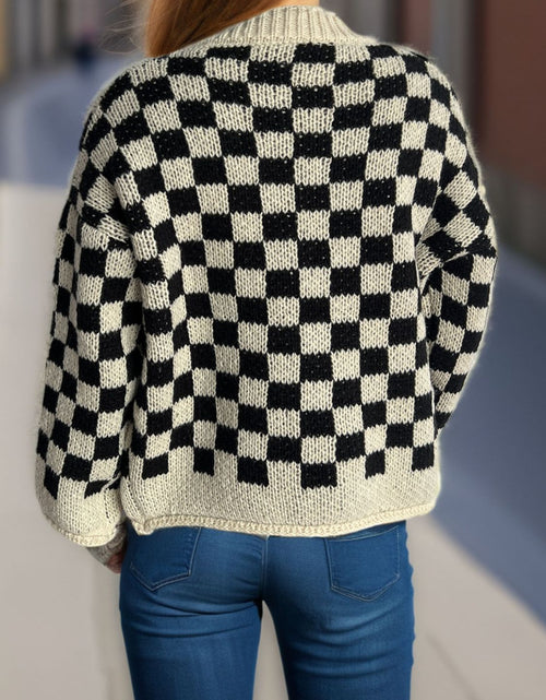Load image into Gallery viewer, Checkered Button Up Round Neck Cardigan
