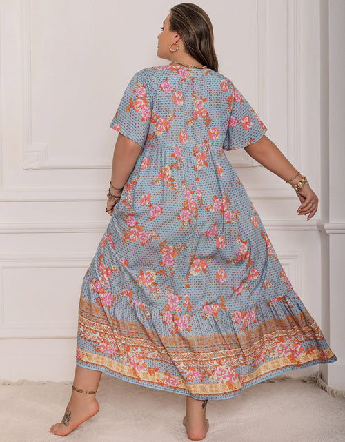 Load image into Gallery viewer, Plus Size Printed Tie Neck Flutter Sleeve Maxi Dress
