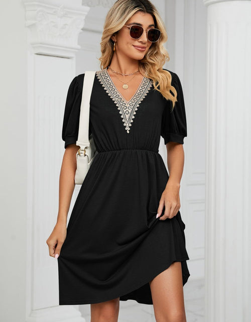 Load image into Gallery viewer, Contrast V-Neck Puff Sleeve Pocket Dress
