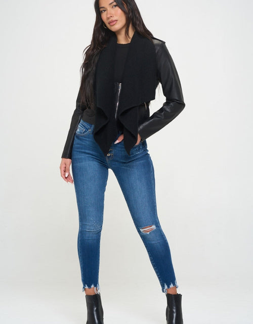 Load image into Gallery viewer, Coalition LA Knit Collared Faux Leather Crop Jacket
