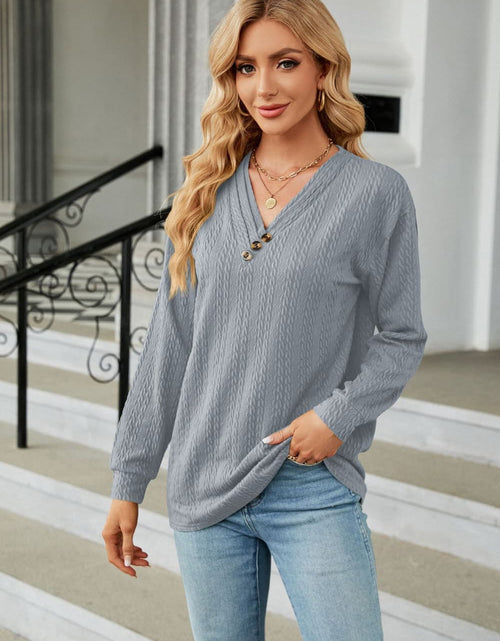 Load image into Gallery viewer, Decorative Button V-Neck Long Sleeve T-Shirt
