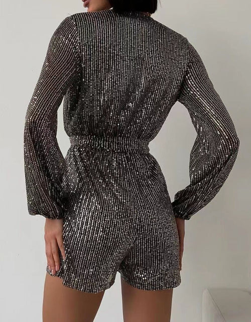 Load image into Gallery viewer, Full Size Sequin Surplice Tie Waist Long Sleeve Romper
