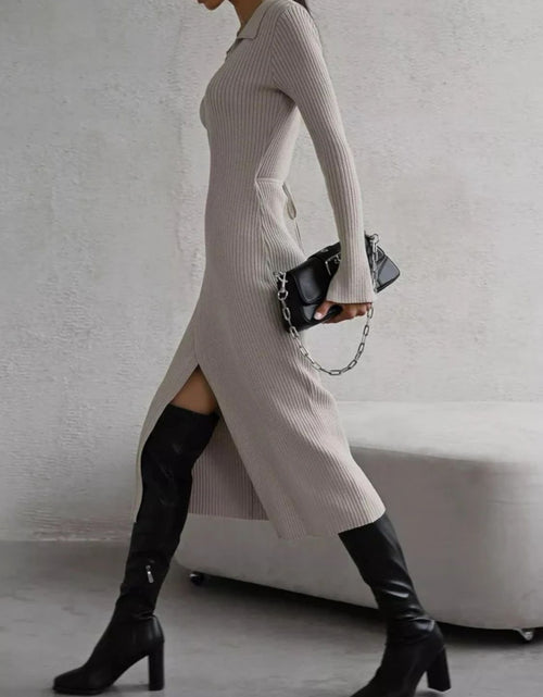 Load image into Gallery viewer, Tied Collared Neck Long Sleeve Sweater Dress
