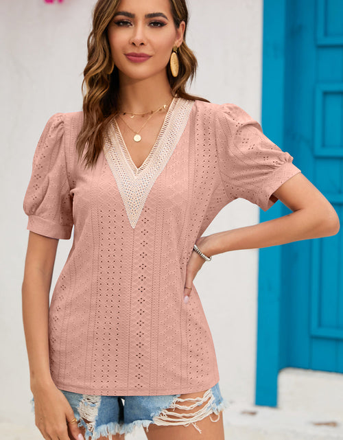 Load image into Gallery viewer, Eyelet V-Neck Short Sleeve T-Shirt
