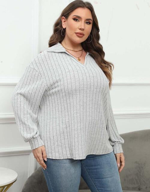 Load image into Gallery viewer, Plus Size Ribbed Collared Neck Long Sleeve Blouse
