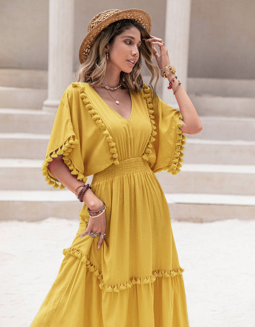 Load image into Gallery viewer, Tassel Trim Smocked V-Neck Short Sleeve Dress

