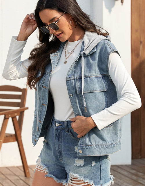 Load image into Gallery viewer, Drawstring Button Up Sleeveless Denim Jacket
