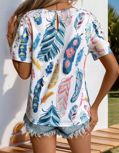 Load image into Gallery viewer, Perfee Printed Round Neck Lace Short Sleeve Top
