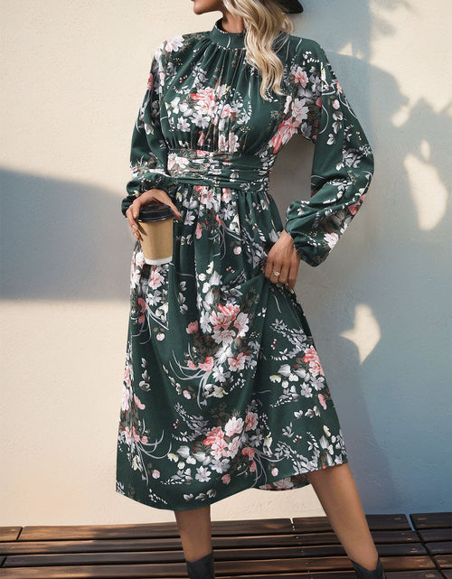 Load image into Gallery viewer, Perfee Ruched Printed Mock Neck Long Sleeve Midi Dress

