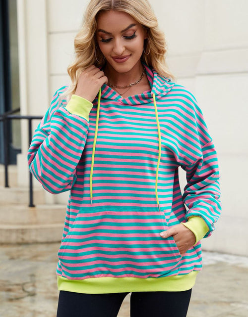 Load image into Gallery viewer, Drawstring Contrast Striped Long Sleeve Hoodie
