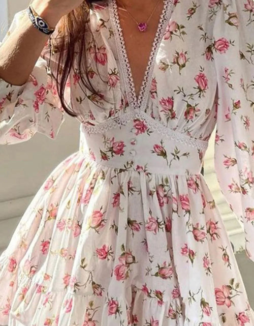 Load image into Gallery viewer, Lace Detail V-Neck Balloon Sleeve Dress
