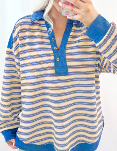 Load image into Gallery viewer, Striped Johnny Collar Long Sleeve Sweatshirt
