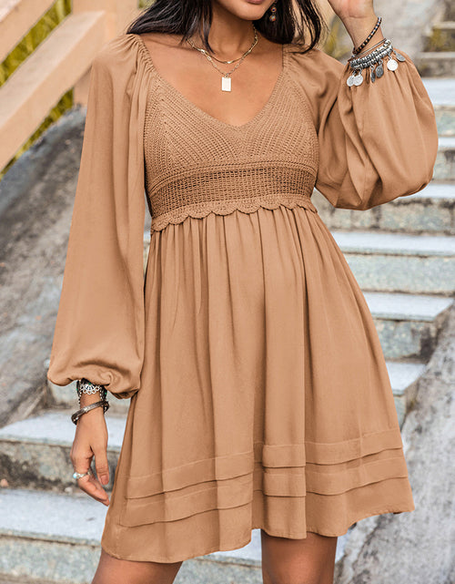 Load image into Gallery viewer, Crochet V-Neck Balloon Sleeve Dress
