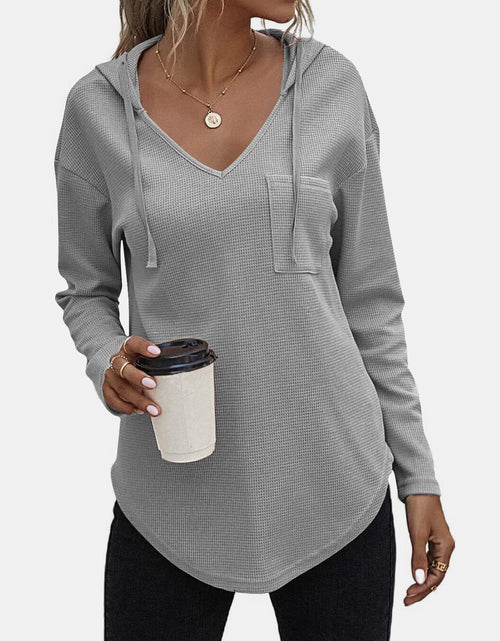 Load image into Gallery viewer, Drawstring Waffle Knit Long Sleeve Hooded Top
