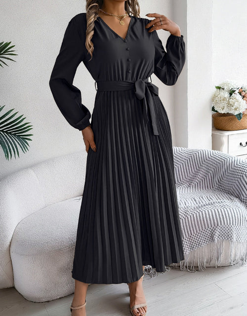 Load image into Gallery viewer, Pleated Tied V-Neck Long Sleeve Dress

