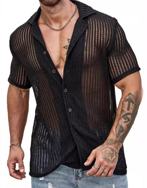 Load image into Gallery viewer, Men's Full Size Openwork Button Down Short Sleeve Shirt Plus Size
