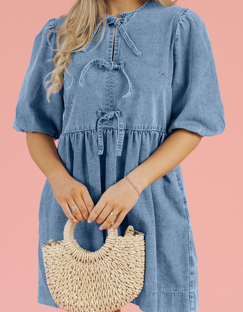 Load image into Gallery viewer, Bowknot Round Neck Half Sleeve Denim Dress
