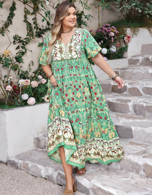 Load image into Gallery viewer, Plus Size Floral Tie Neck Flutter Sleeve Maxi Dress

