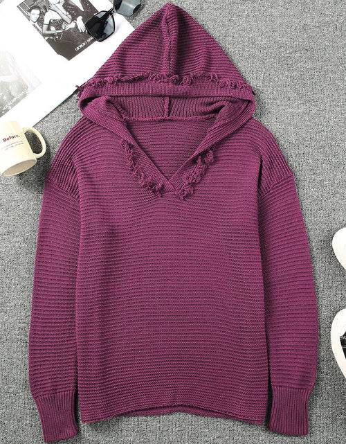 Load image into Gallery viewer, Woven Right Horizontal Ribbing Fringe Trim Hooded Sweater
