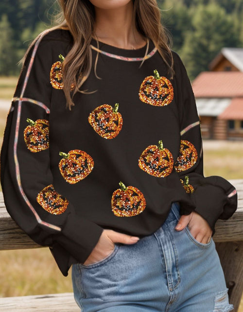 Load image into Gallery viewer, Sequin Pumpkin Round Neck Long Sleeve Sweatshirt
