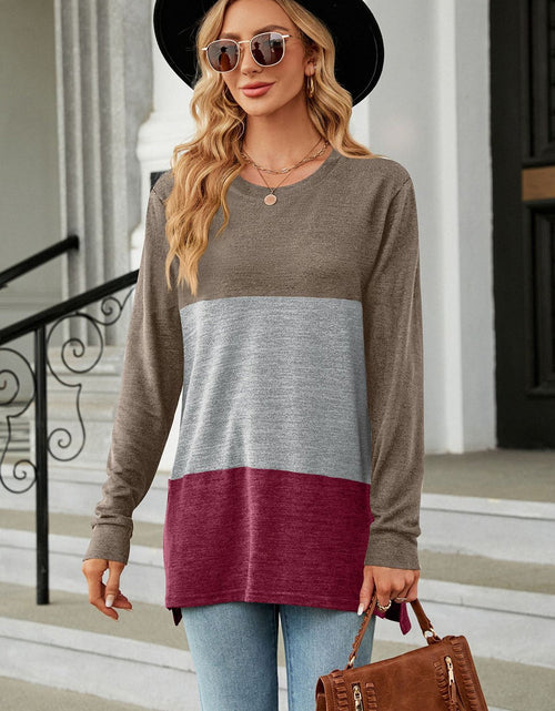 Load image into Gallery viewer, Color Block Round Neck Long Sleeve Slit T-Shirt
