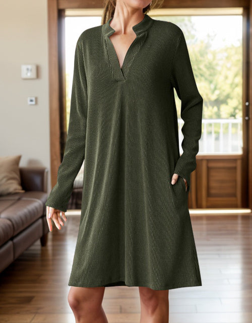 Load image into Gallery viewer, Notched Long Sleeve Mini Dress with Pockets
