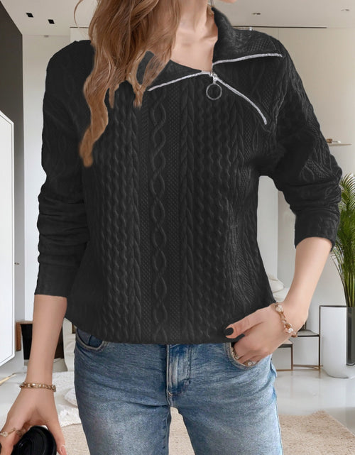 Load image into Gallery viewer, Oblique Zipper Collared Neck Long Sleeve Sweatshirt
