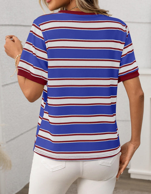 Load image into Gallery viewer, Contrast Striped Round Neck Short Sleeve T-Shirt
