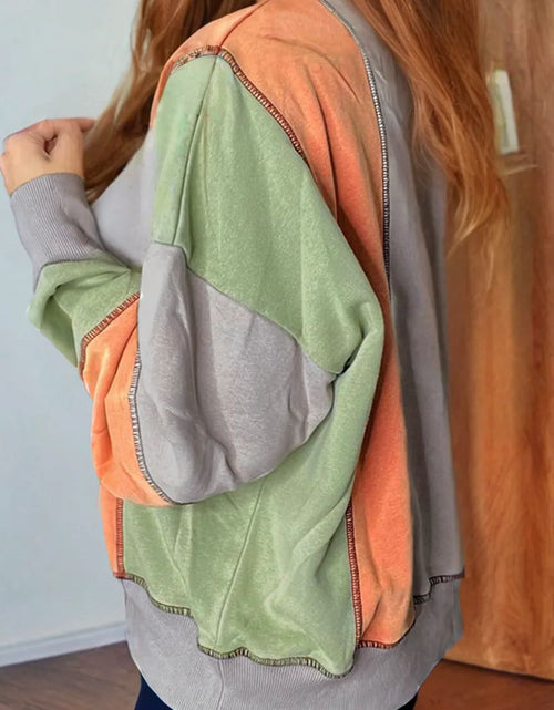 Load image into Gallery viewer, Full Size Exposed Seam Color Block Long Sleeve Sweatshirt
