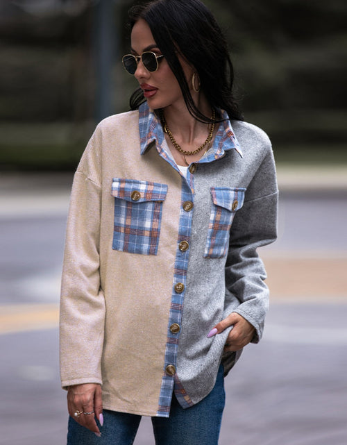 Load image into Gallery viewer, Shiny Plaid Contrast Drop Shoulder Shacket
