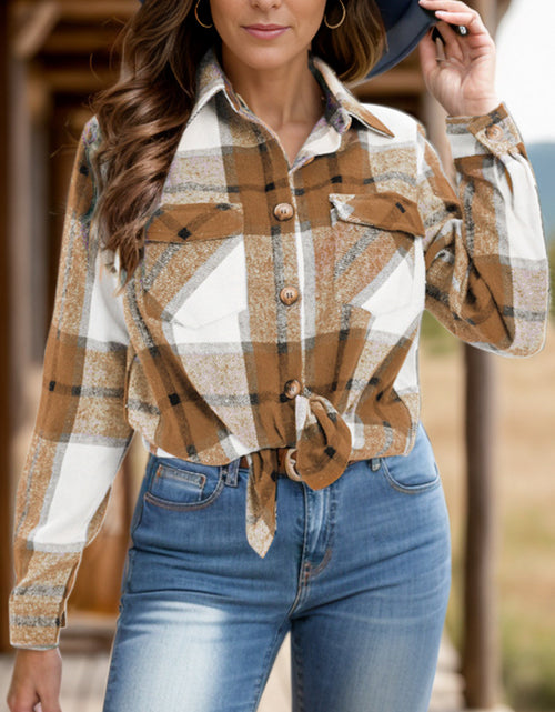 Load image into Gallery viewer, Full Size Pocketed Plaid Collared Neck Shacket
