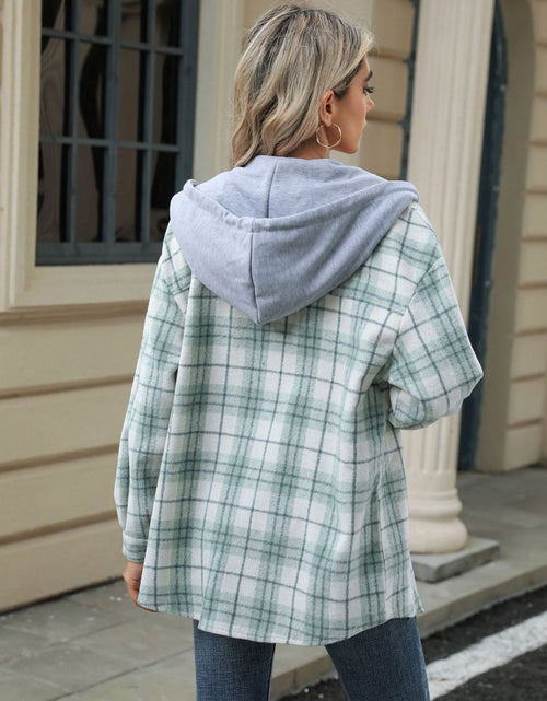 Load image into Gallery viewer, Drawstring Plaid Button Up Hooded Jacket
