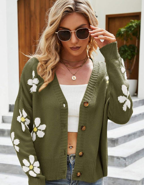Load image into Gallery viewer, Floral Ribbed Trim Drop Shoulder Cardigan
