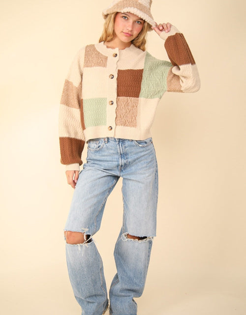 Load image into Gallery viewer, VERY J Color Block Button Down Textured Sweater Cardigan
