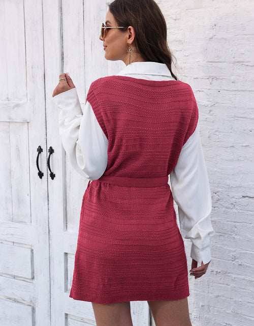 Load image into Gallery viewer, Tie Front V-Neck Sleeveless Slit Sweater Dress
