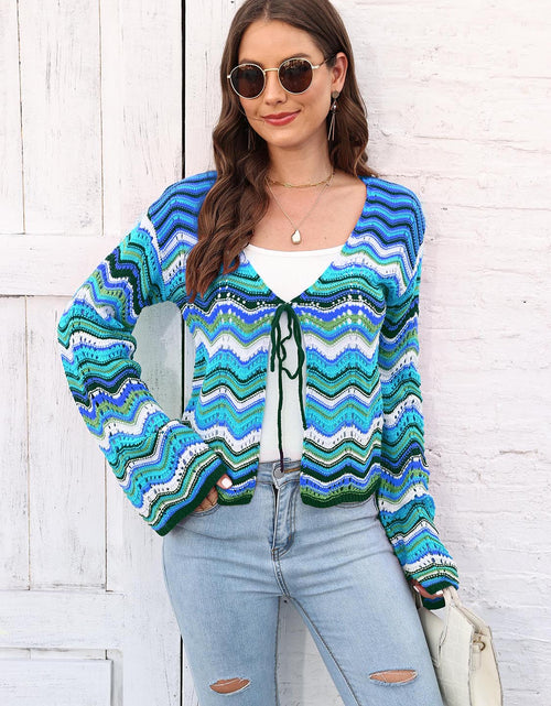 Load image into Gallery viewer, Striped Openwork Tied Cardigan
