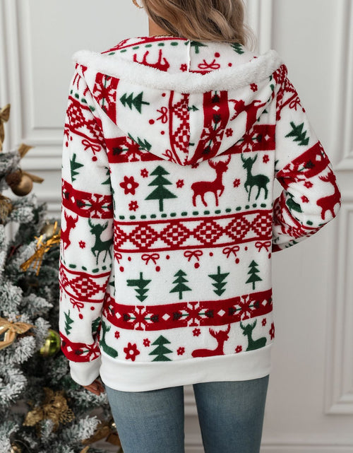 Load image into Gallery viewer, Drawstring Christmas Element Zip Up Hooded Jacket
