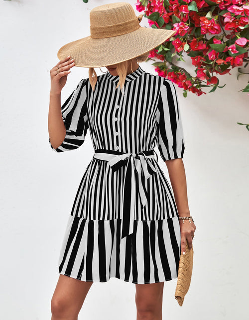 Load image into Gallery viewer, Striped Half Sleeve Tie Waist Mini Dress
