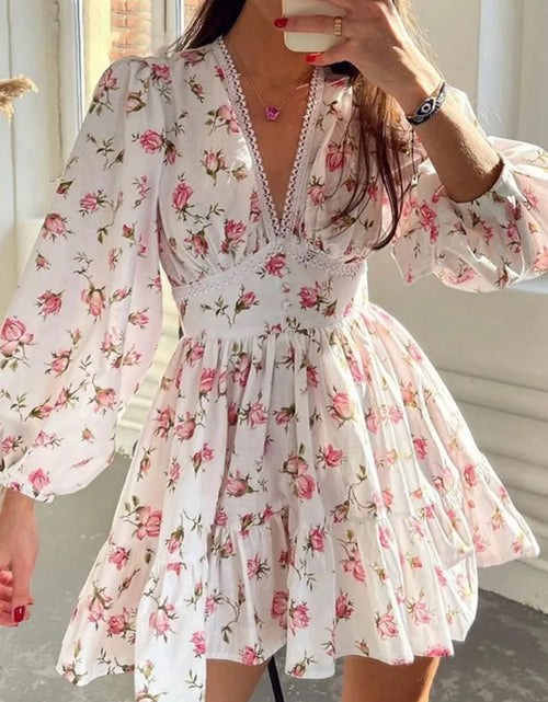 Load image into Gallery viewer, Lace Detail V-Neck Balloon Sleeve Dress

