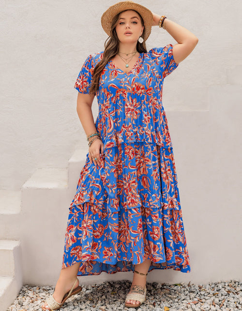 Load image into Gallery viewer, Plus Size Ruffled Printed V-Neck Short Sleeve Maxi Dress
