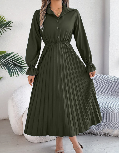 Load image into Gallery viewer, Pleated Half Button Long Sleeve Midi Dress
