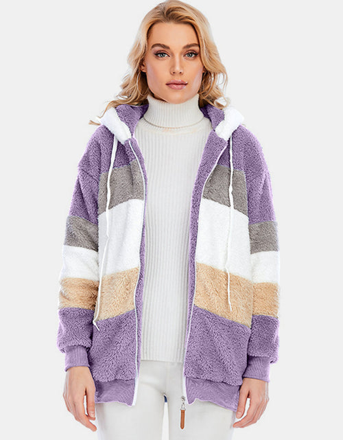 Load image into Gallery viewer, Full Size Drawstring Color Block Zip Up Hooded Outerwear
